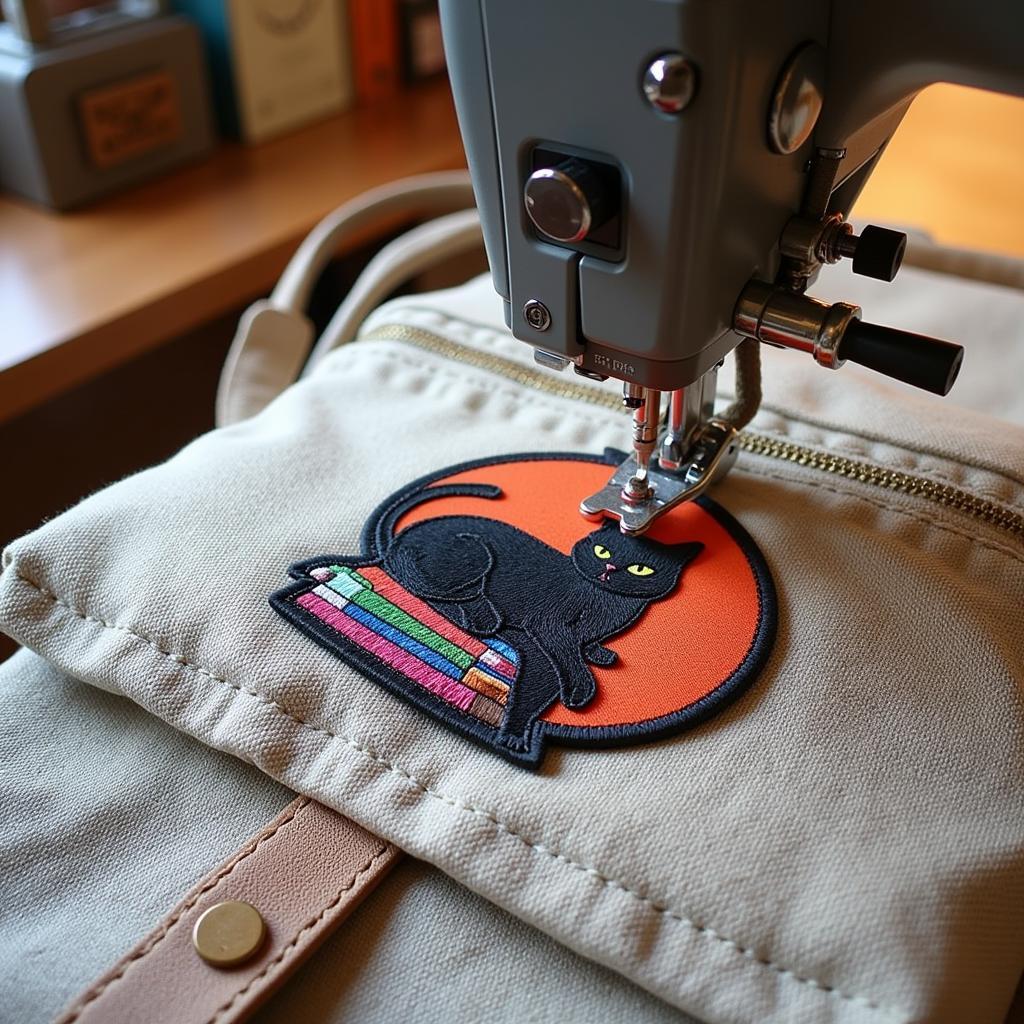 Sewing a Hocus Pocus Patch onto a Backpack