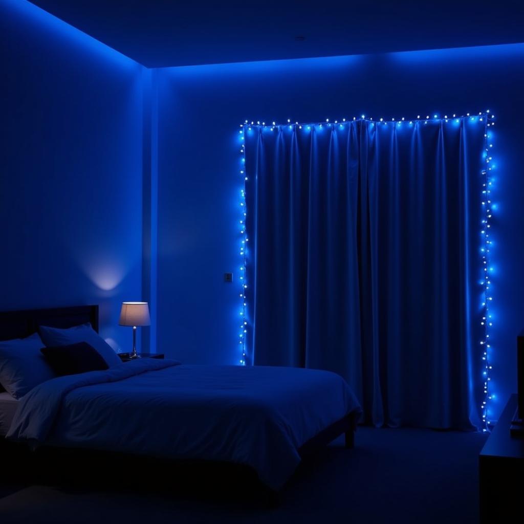 Small Blue LED Lights Illuminating a Cozy Bedroom