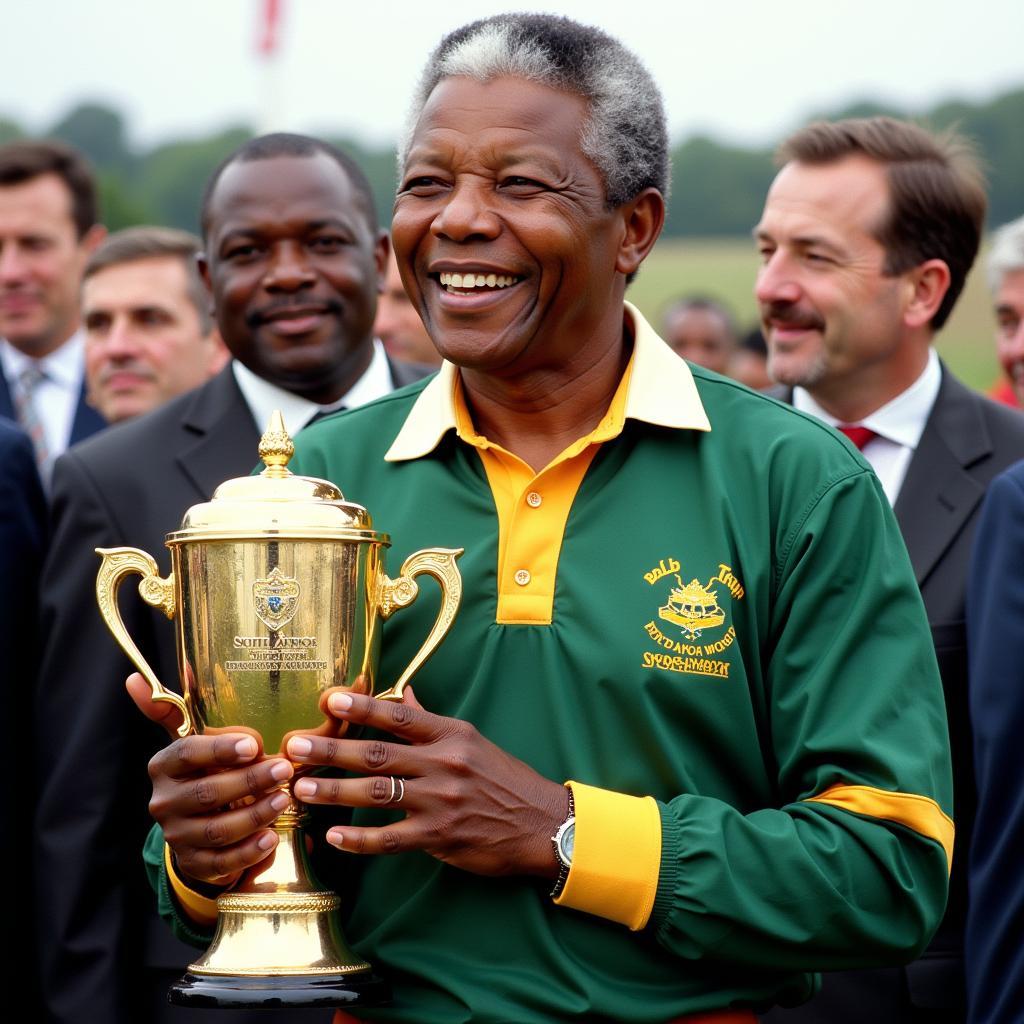 Nelson Mandela wearing the Springbok rugby jersey in 1995