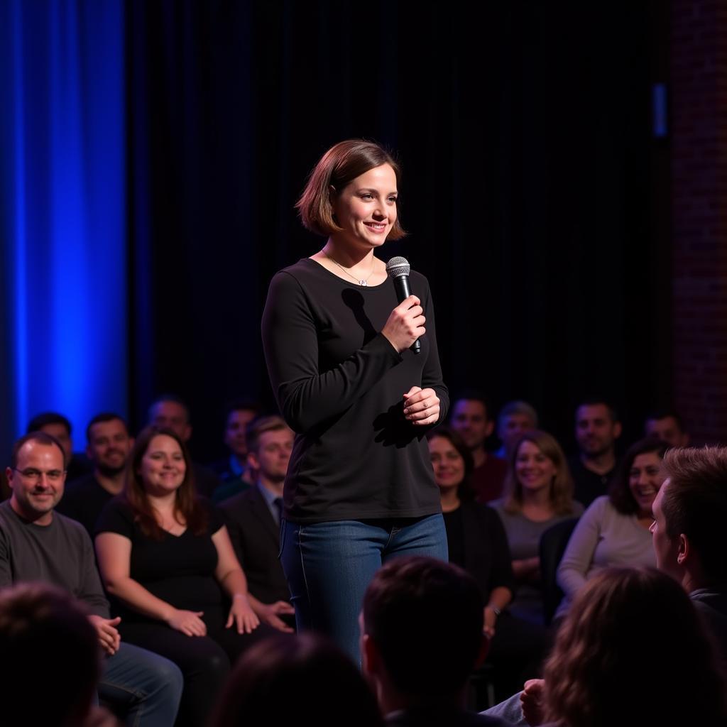 Stand-up comedian, a cancer survivor, performs on stage