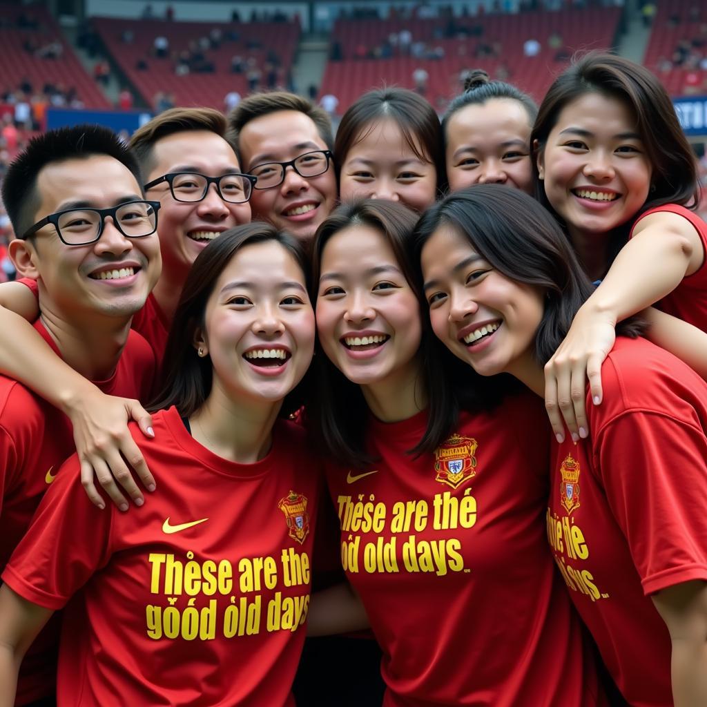 Group of friends wearing matching "These Are The Good Old Days" shirts