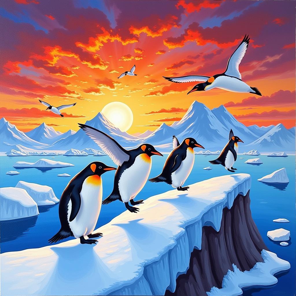 Antarctica Painting: Penguins in Flight