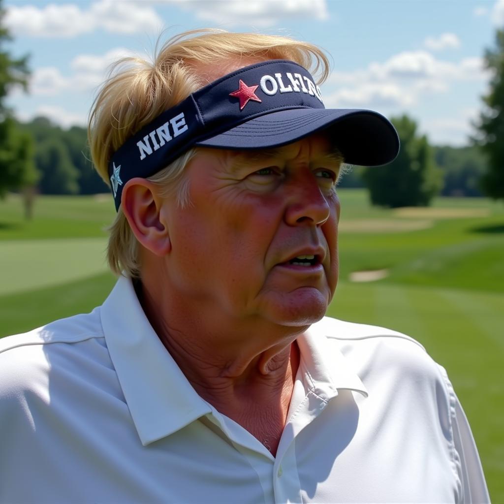 Hình ảnh Donald Trump đội mũ lưỡi trai có tóc trên sân golf