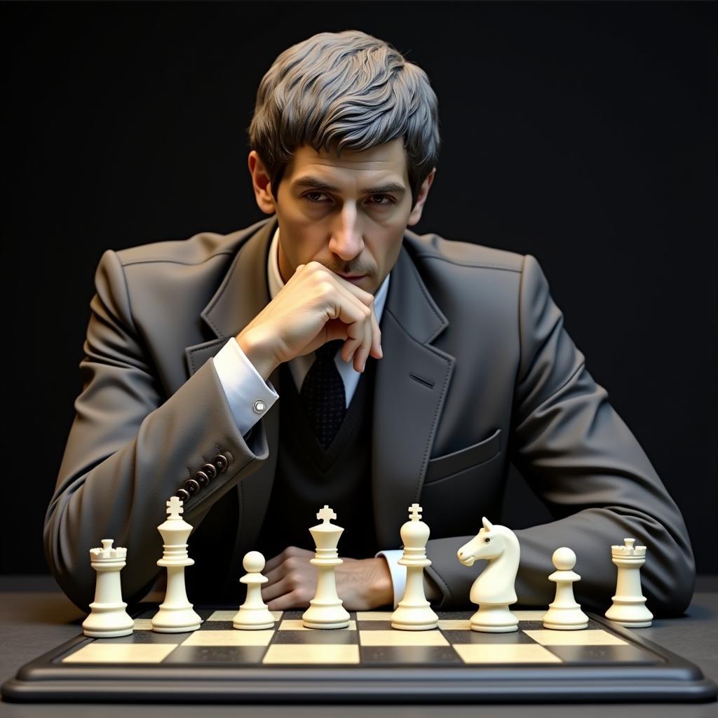 Tượng cờ vua Bobby Fischer đang tập trung suy nghĩ trong trận đấu lịch sử