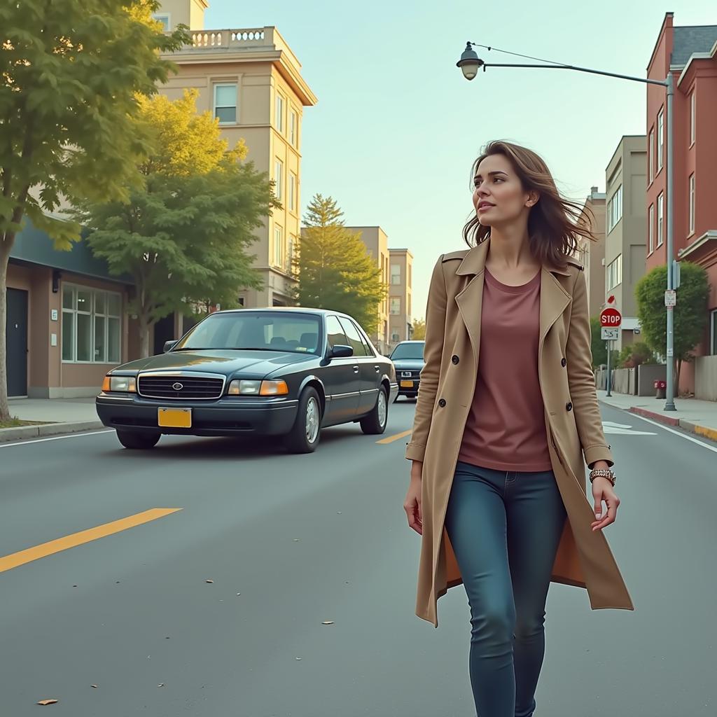 A woman walking down the street looks uncomfortable as a car drives by slowly.