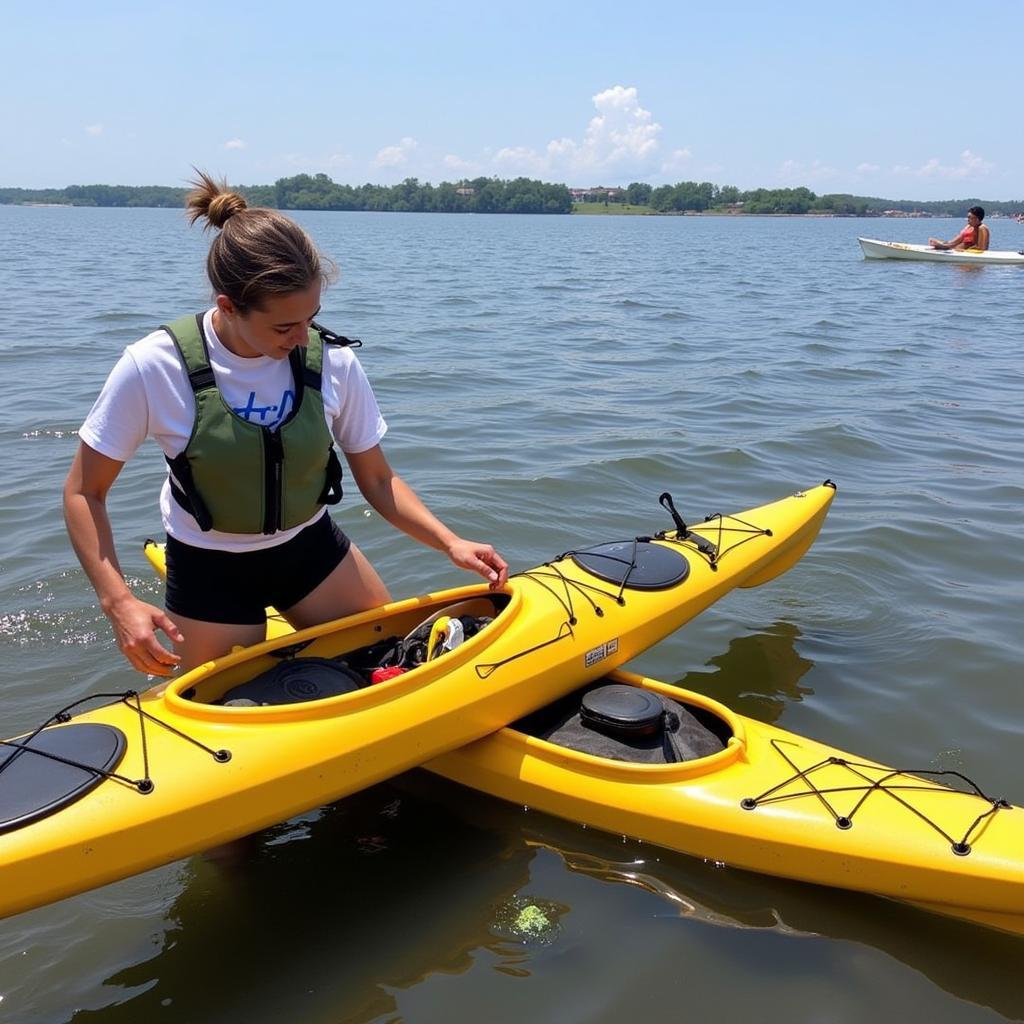 Vận động viên chuẩn bị cho Paddle for the Border 2024: Hình ảnh vận động viên kiểm tra thuyền kayak và các trang bị an toàn trước khi tham gia cuộc đua.