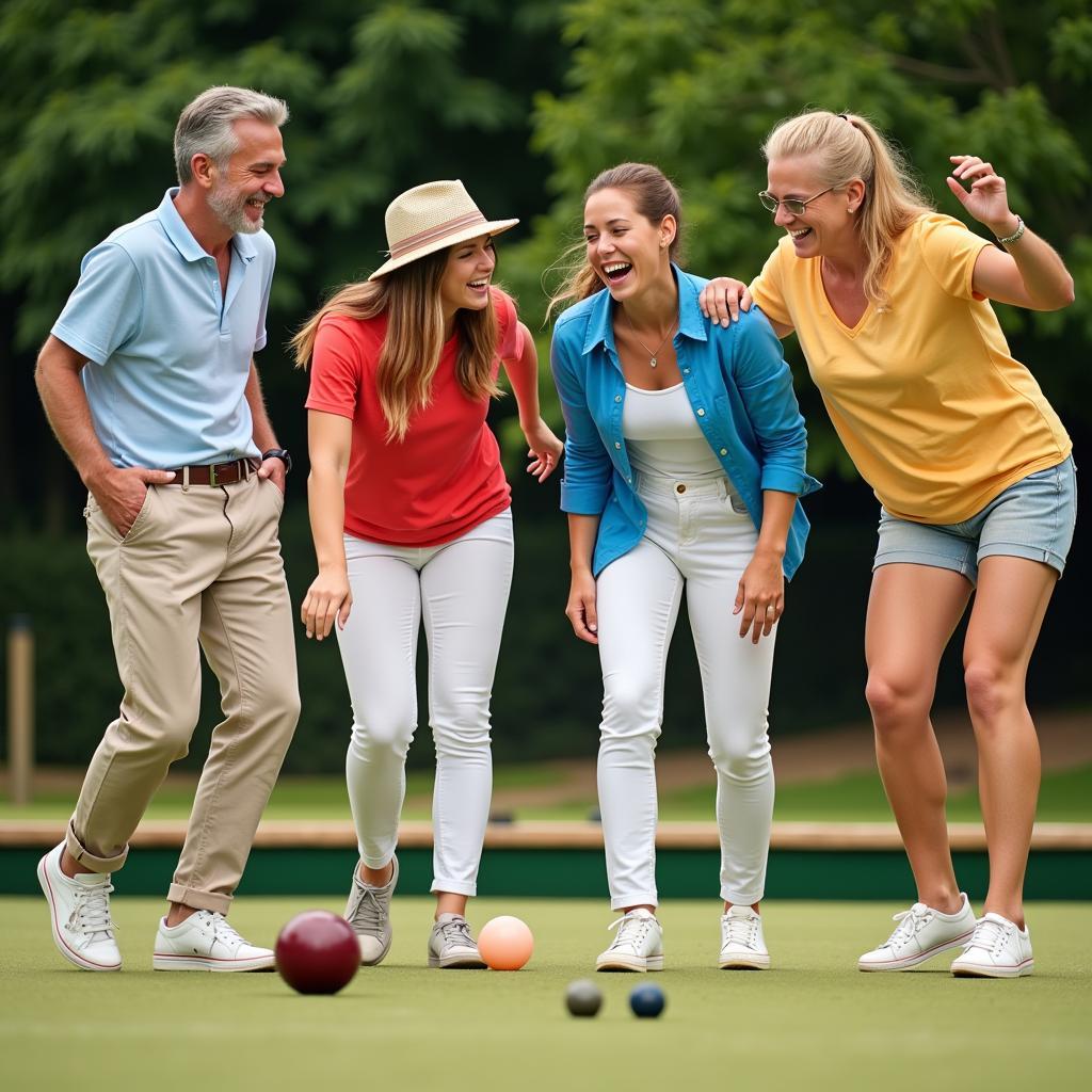 Friends enjoying a game of bowls.