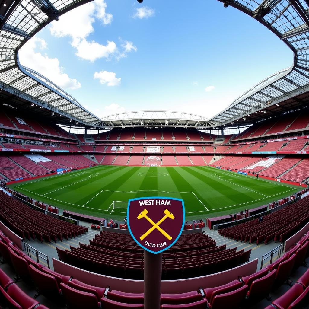 Sân vận động West Ham United ở London với biểu tượng Búa và Đồng hồ