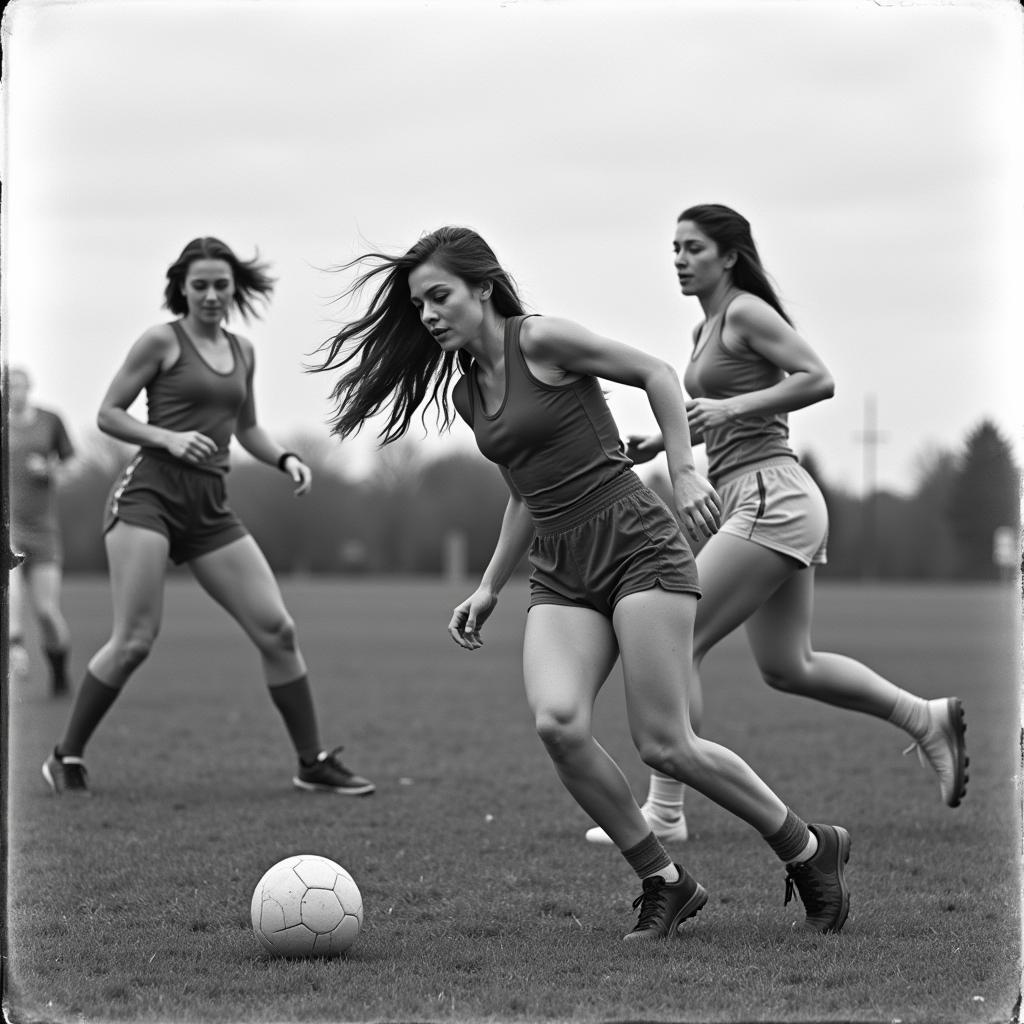 Women playing football in the early days, showcasing their passion and defiance.