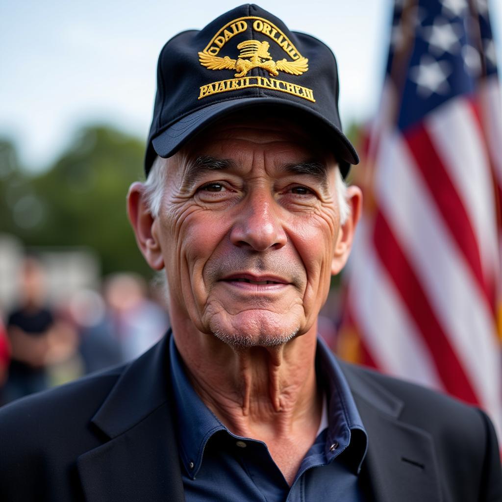 WW2 Veteran at Memorial Day - A World War 2 veteran wearing his military hat at a Memorial Day ceremony, a poignant image representing remembrance and respect for those who served.