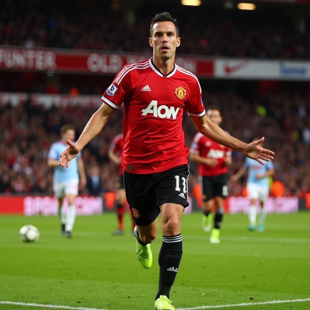 Robin van Persie in action wearing the 2013 Man United Kit, celebrating a goal.