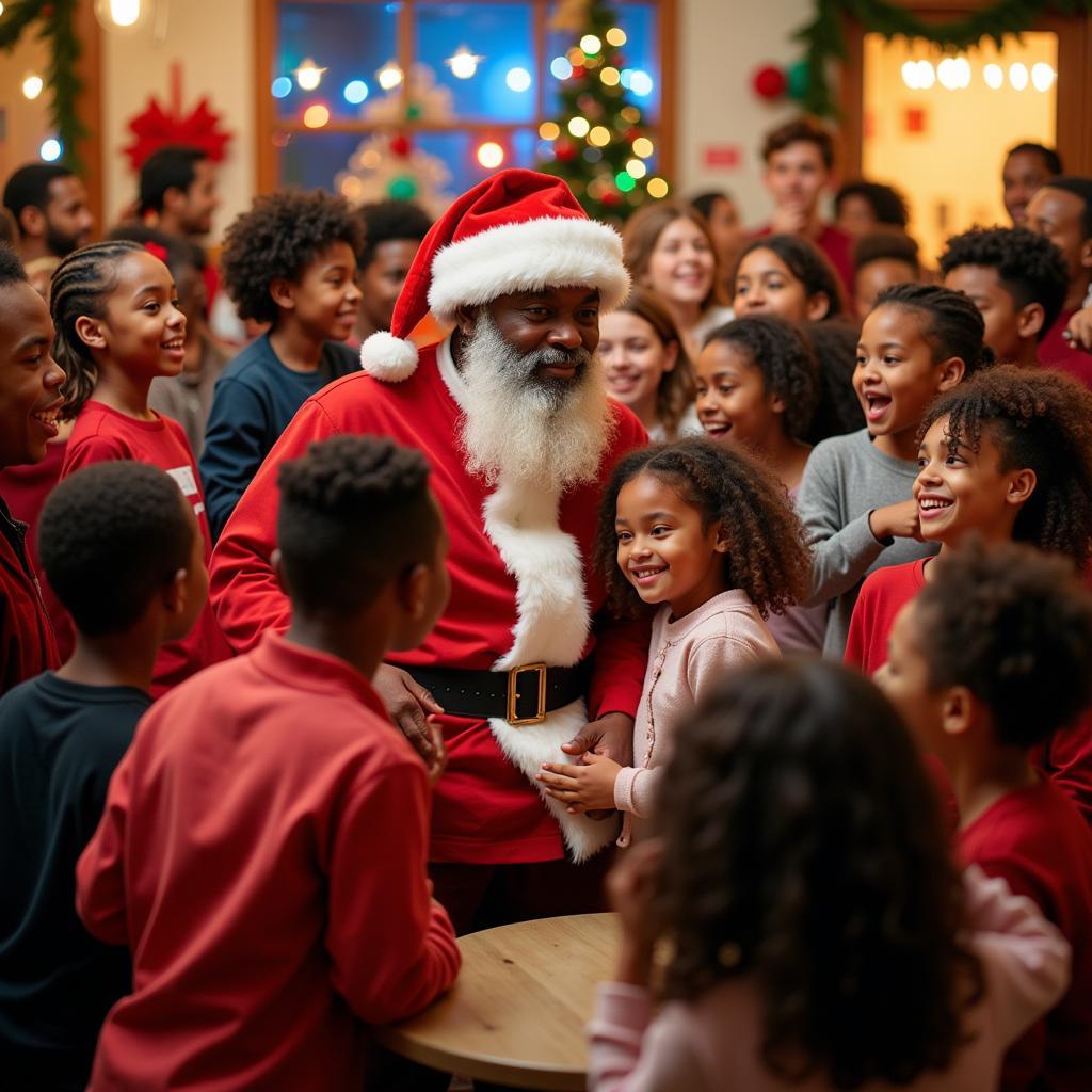 Afro American Santa Claus greeting children at a festive community event.