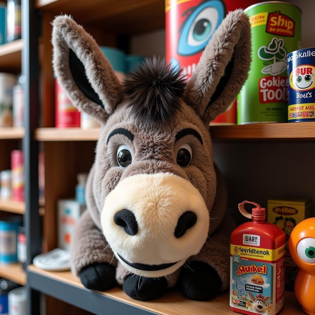 A bad donkey hat displayed on a shelf amongst other novelty items