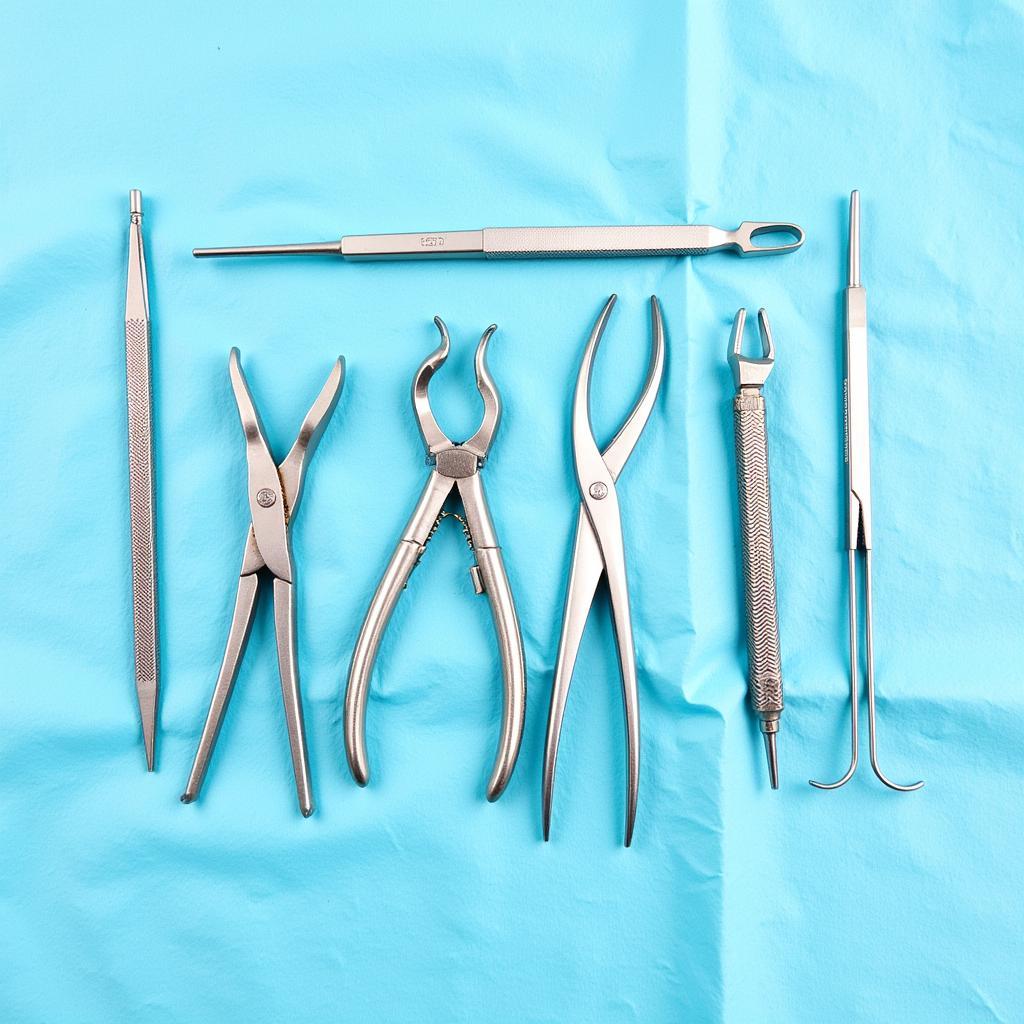 A set of various dental instruments including pliers