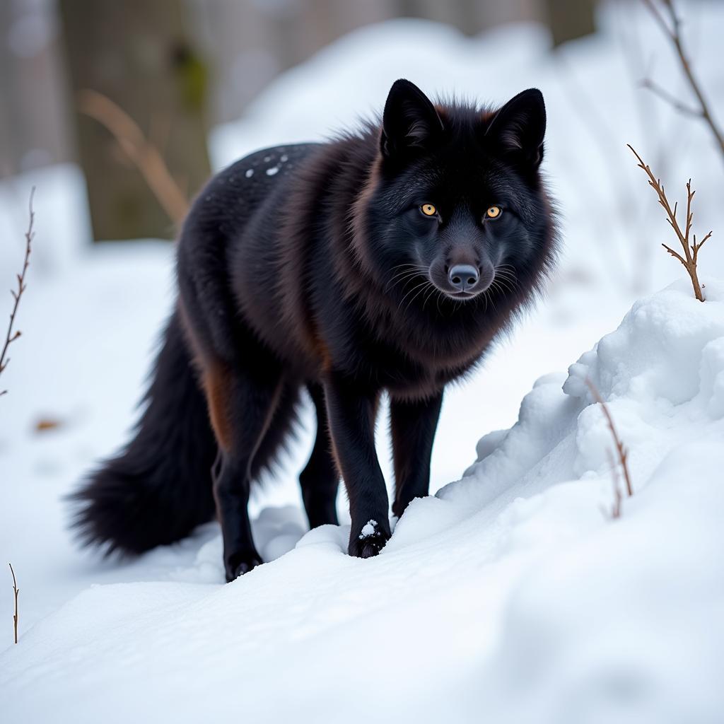 Cao đen Black Fur Fox đang rình mồi trong tuyết