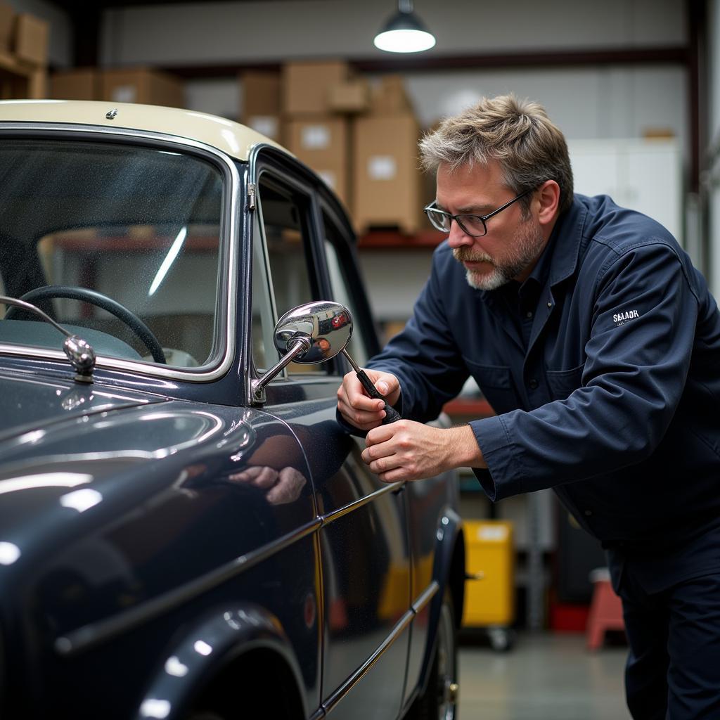 Car restoration expert inspecting a vehicle