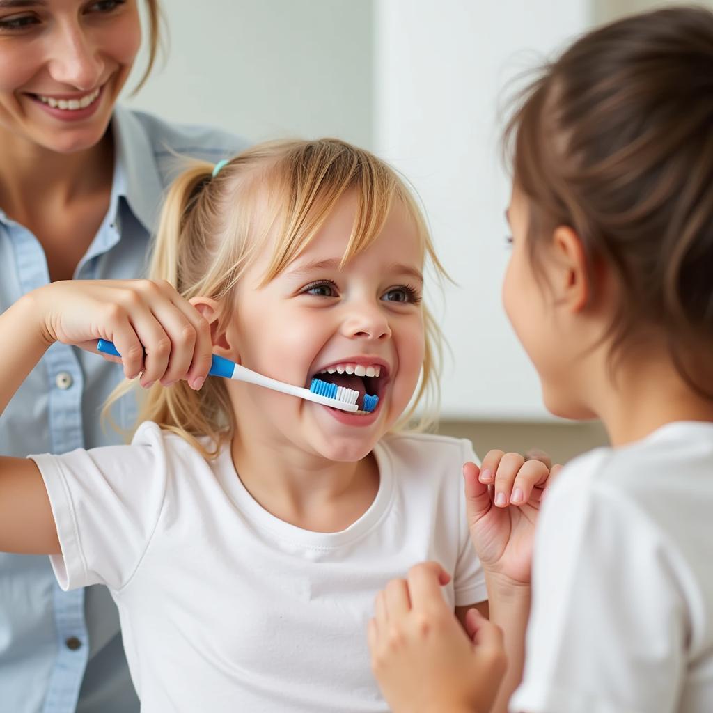 A child brushing their teeth