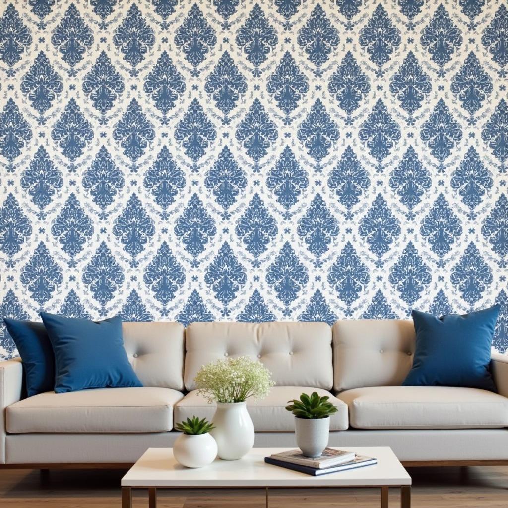 Blue and white damask wallpaper in a living room