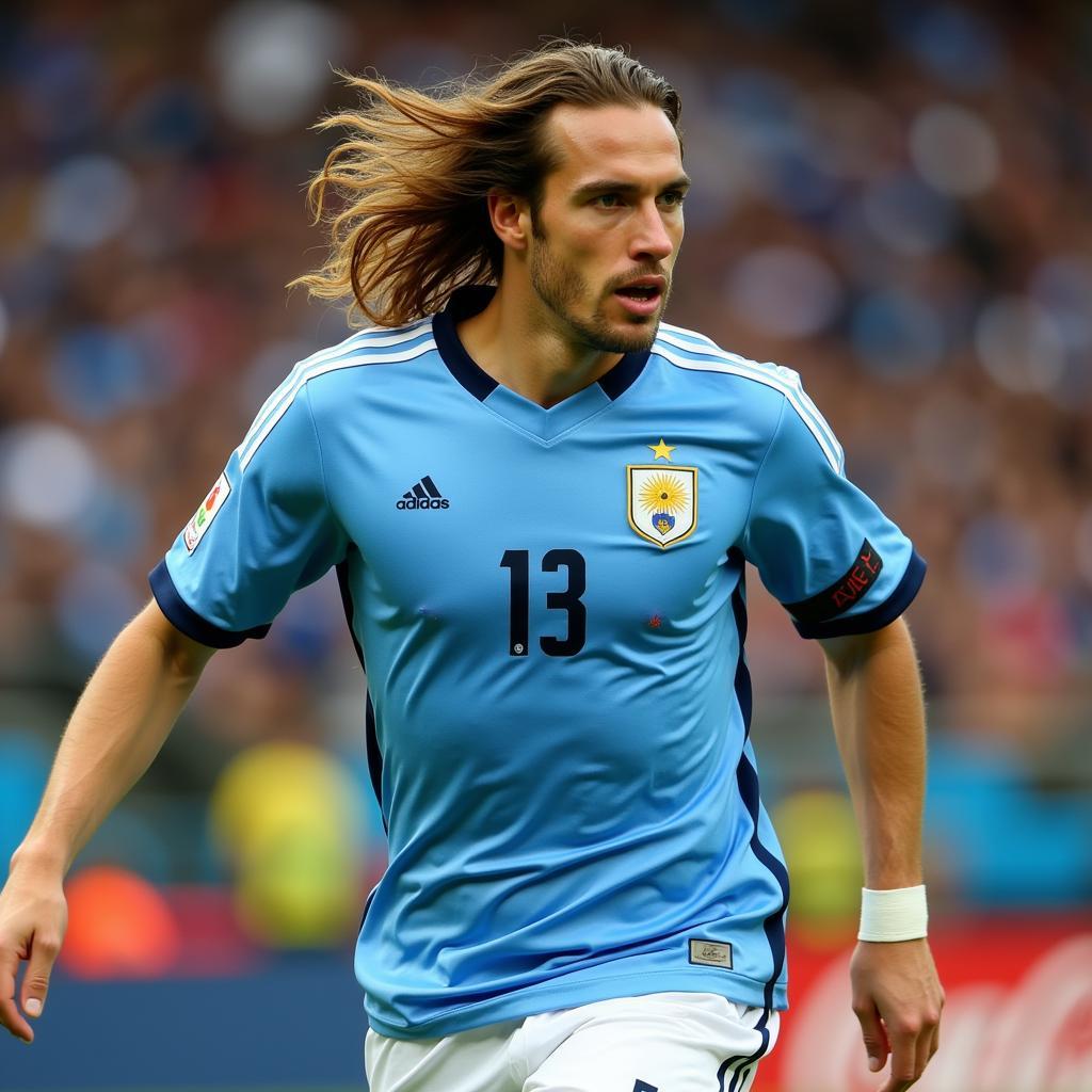 Diego Forlan wearing the Uruguay jersey during a World Cup match.