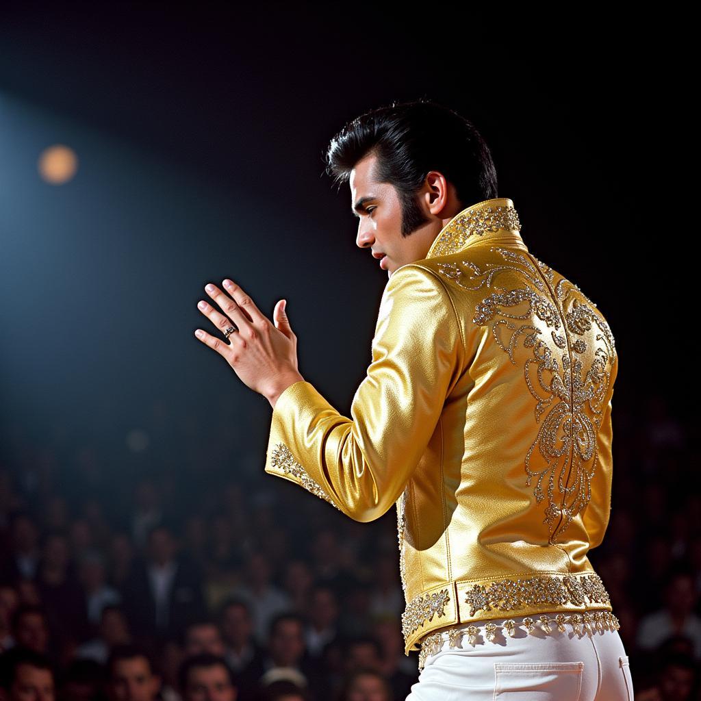Elvis biểu diễn trong áo khoác vàng