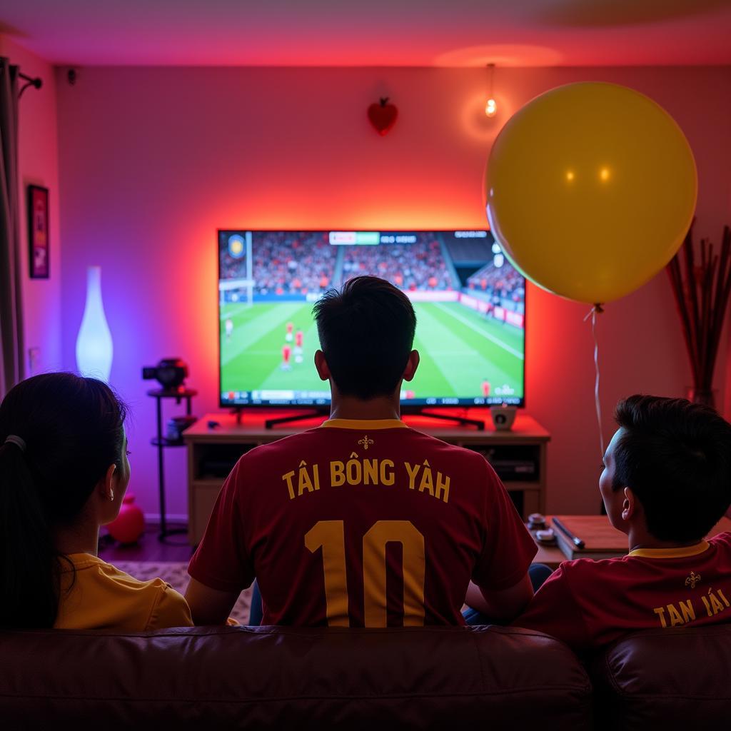 Fan sitting on a balloon while watching the game at home