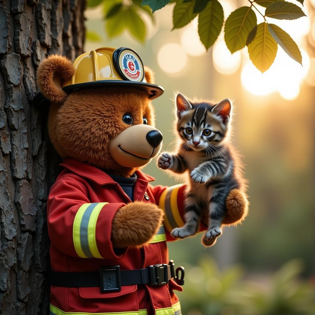 Firefighter Teddy Bear Rescuing a Kitten from a Tree