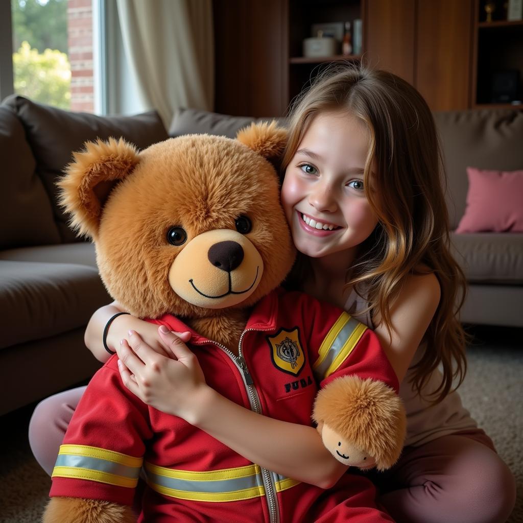 Little Girl Hugging a Firefighter Teddy Bear