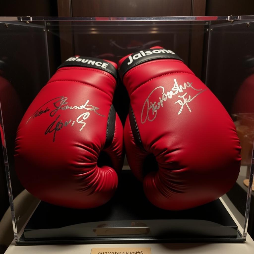 Gervonta Davis signed boxing gloves displayed in a protective case.