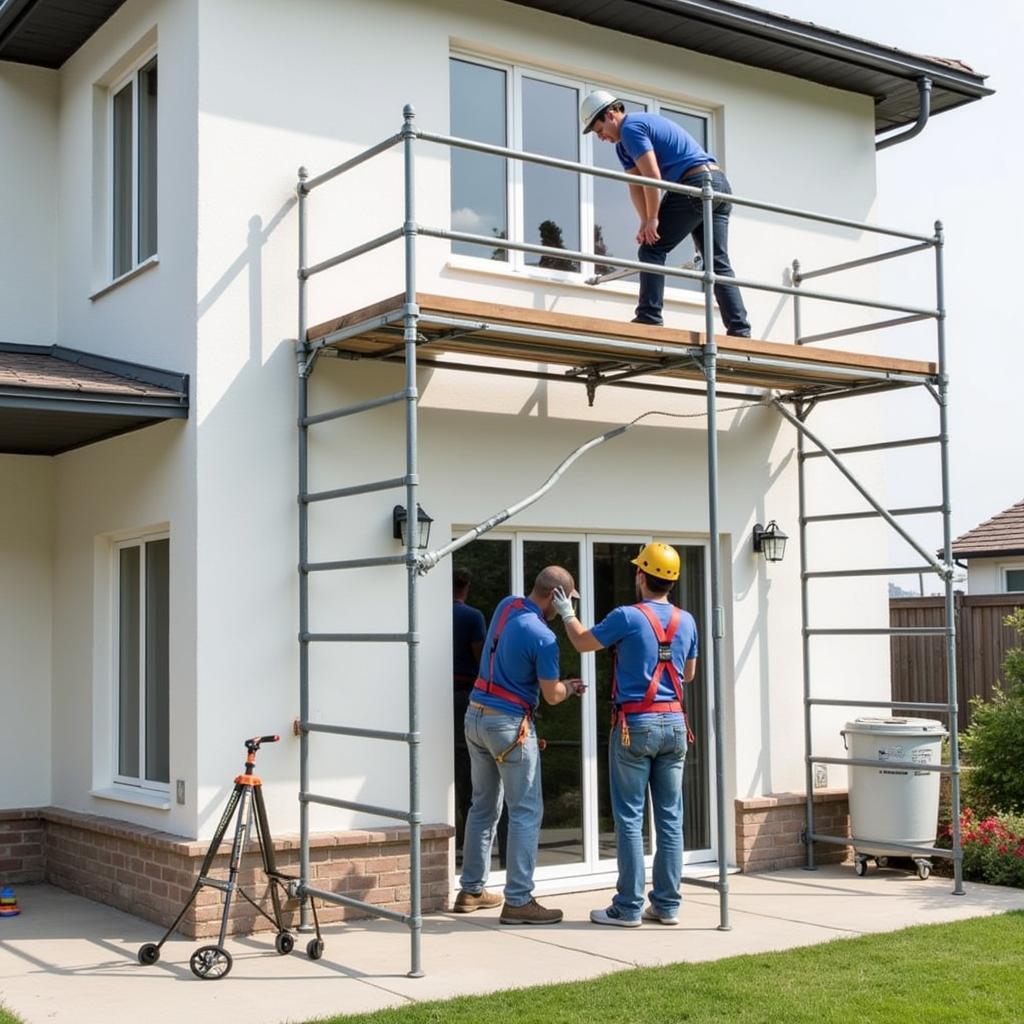 Workers assembling 12 foot scaffolding for a painting project