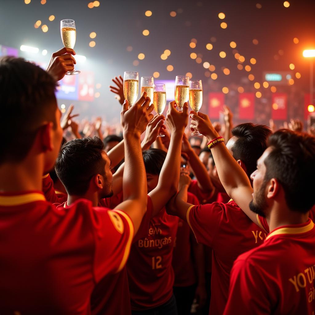 Fans celebrating with champagne at a Đội Bóng Đá fan gathering