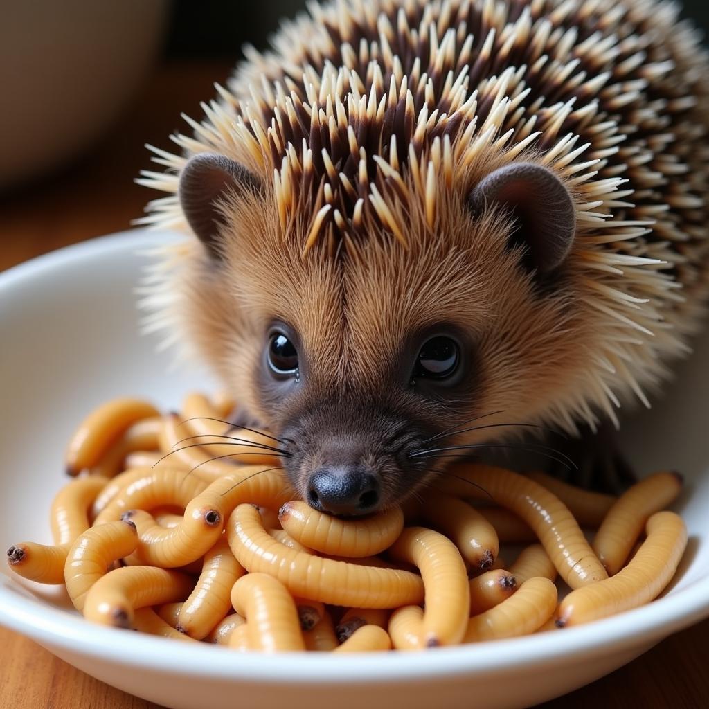 Hedgehog Enjoying Mealworms