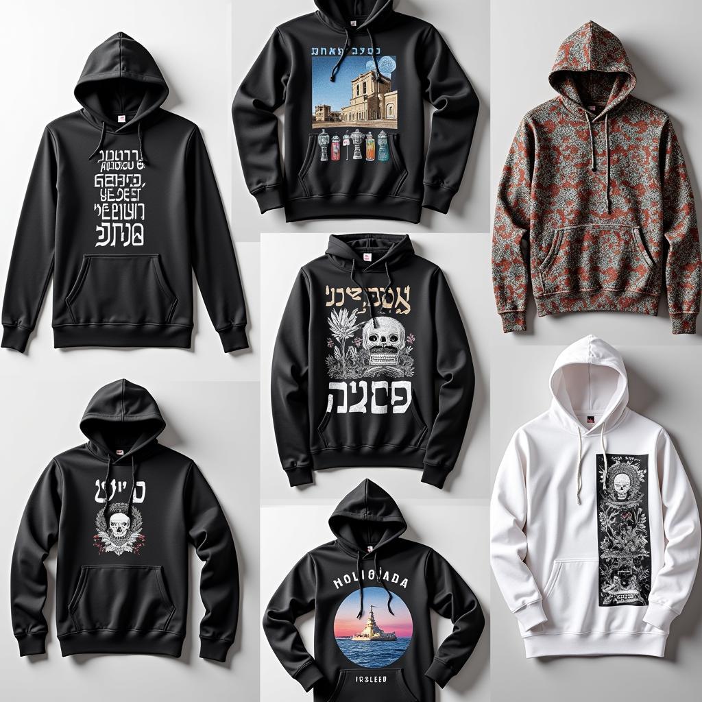 Different designs of Israeli hoodies