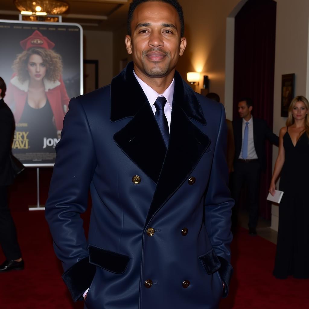 Jonathan Majors in a navy blue coat at a movie premiere