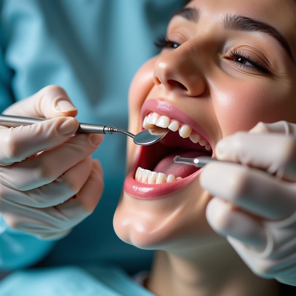 Dental check-up with a dentist examining teeth
