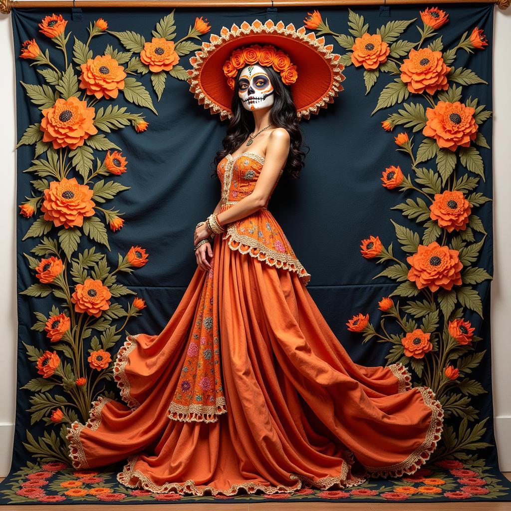 Large Day of the Dead Tapestry Featuring La Catrina