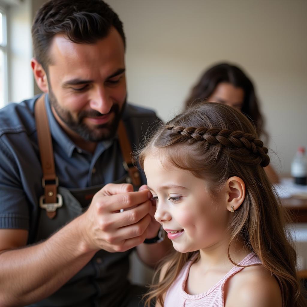 A father carefully braiding his daughter's hair during a dad and daughter hair class.