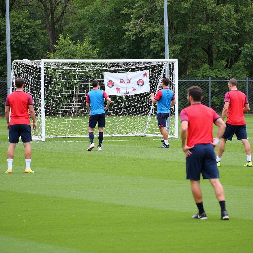 Football players practicing shooting accuracy with a shooting tree target