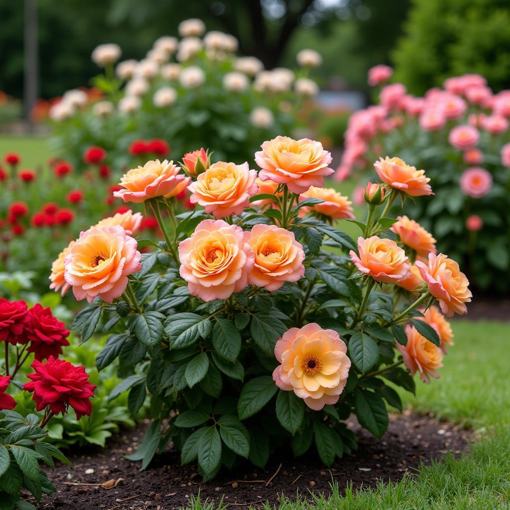 A Mandarin Expression rose bush thriving in a mixed flower bed, showcasing its vibrant color and compatibility with other plants.