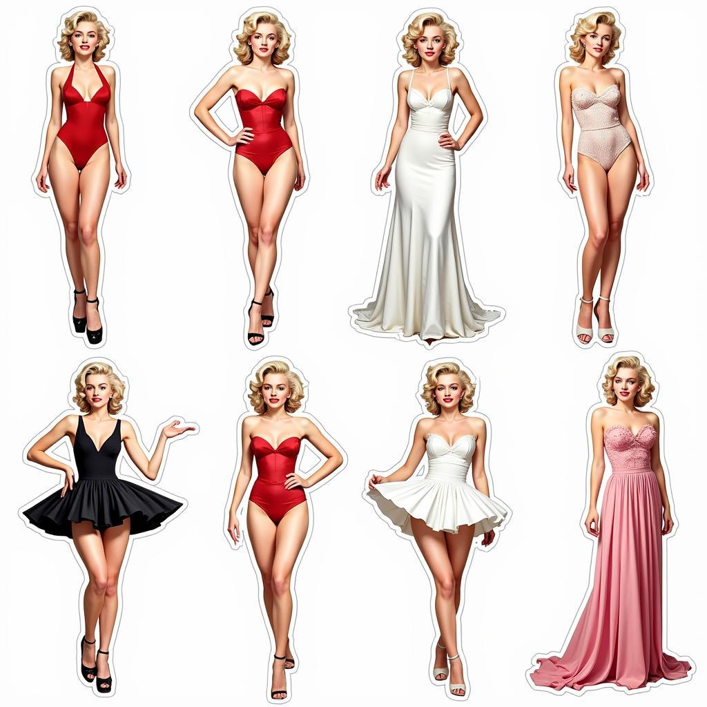 A variety of Marilyn Monroe cut outs, showcasing different poses and styles.