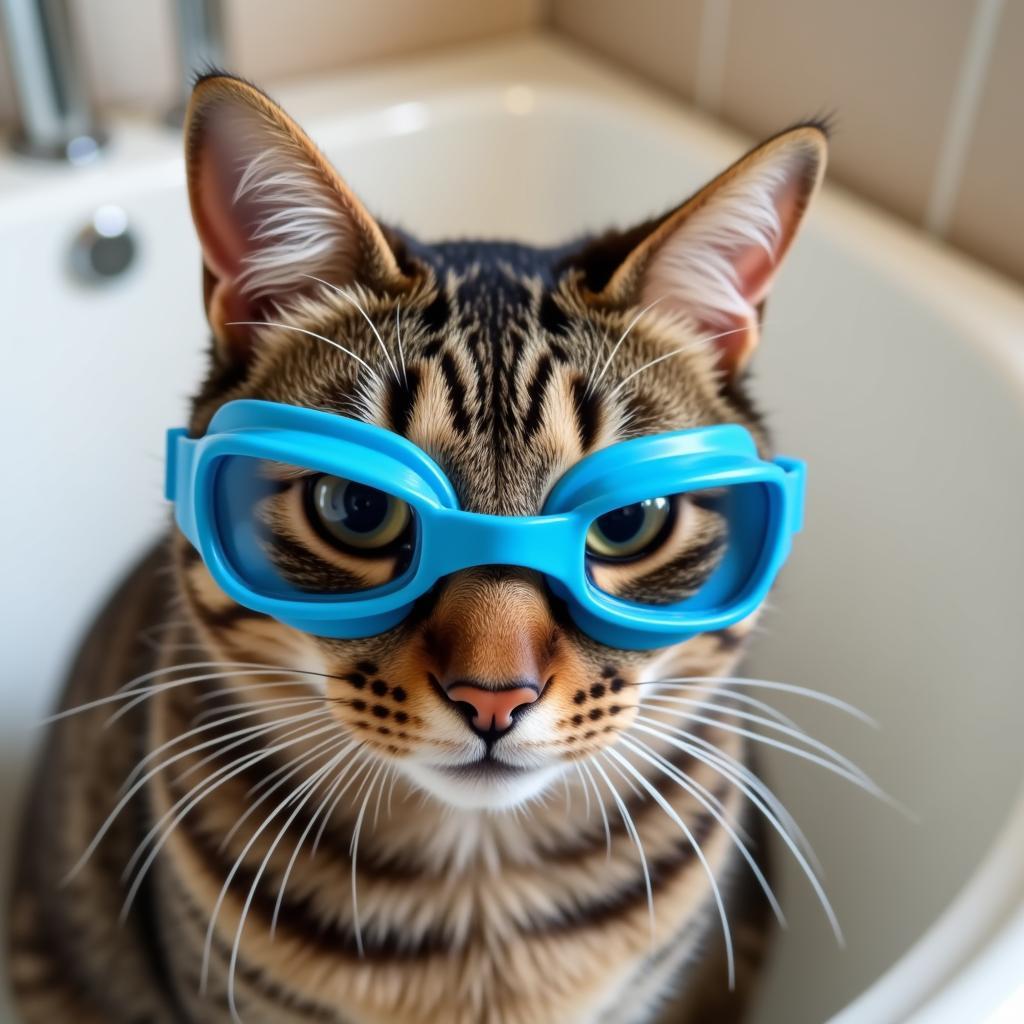 Cat wearing swim goggles