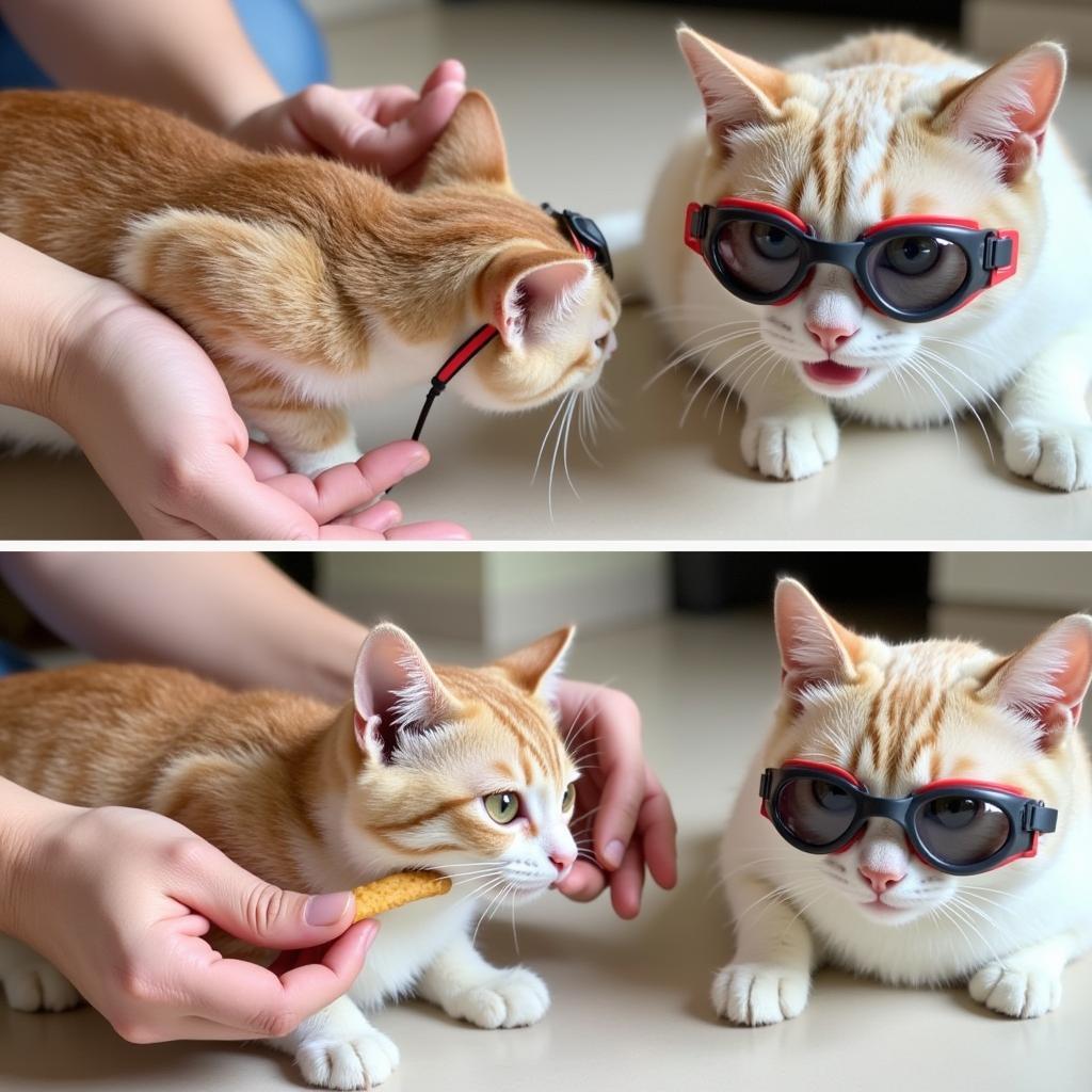 Cat getting used to swim goggles