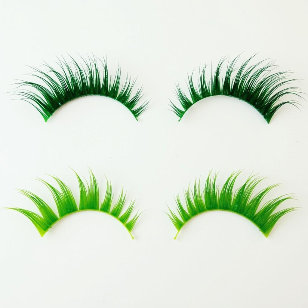 Green fake eyelashes with various designs
