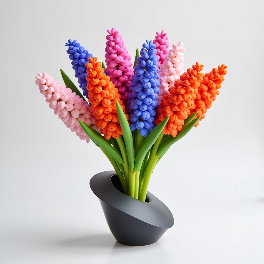 Artificial hyacinths in a unique vase