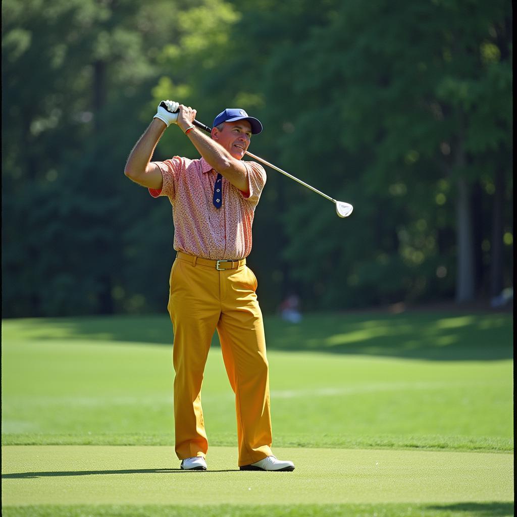 Payne Stewart in his signature knickerbockers and vibrant patterned shirt, mid-swing on a sunny golf course.