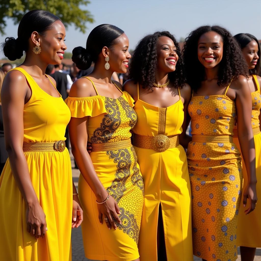 Women wearing traditional yellow African dresses at a cultural event.