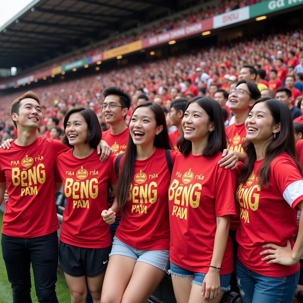 Group of fans wearing "Swearing Helps" t-shirts at a match