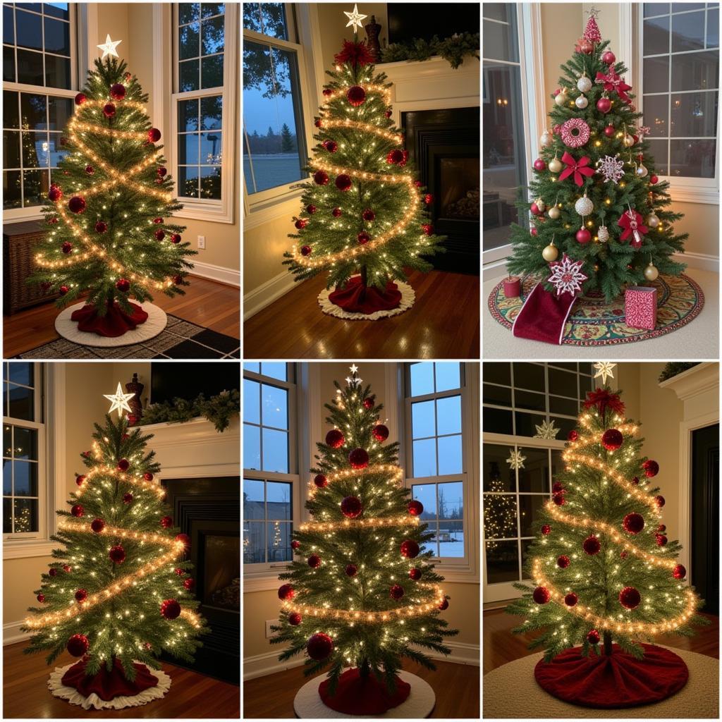 Decorating nested Christmas trees with ornaments and lights.