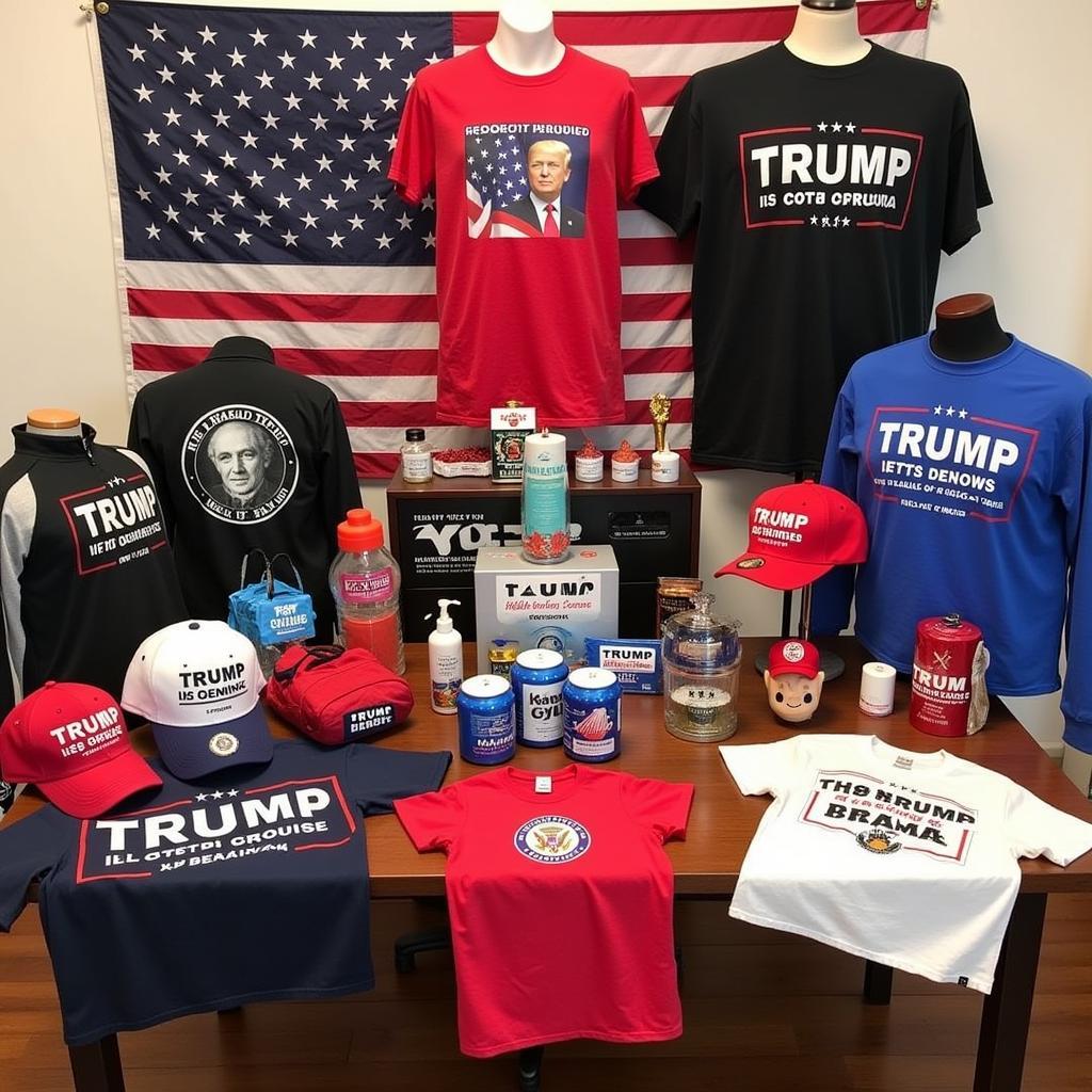 A display of various Trump merchandise, including hats, shirts, and flags.