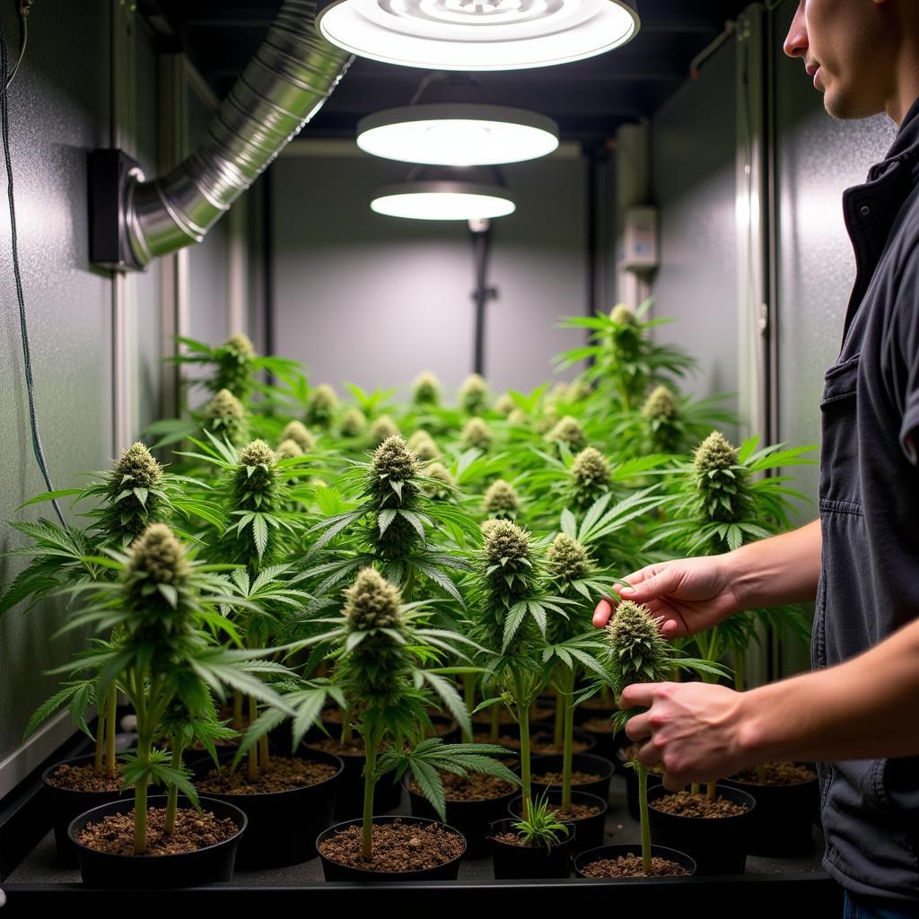 A person tending to Uncle Snoop weed plants in an indoor grow setup