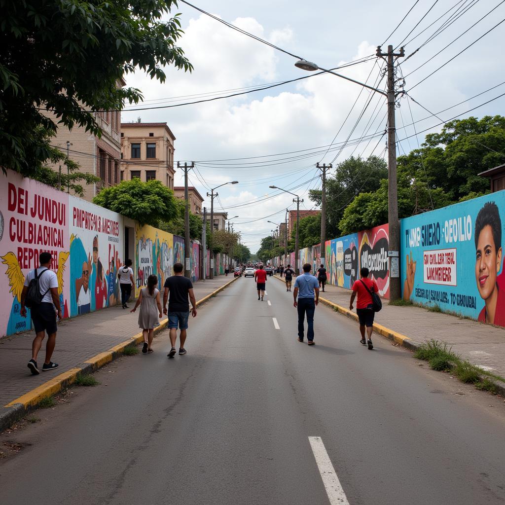 A panoramic view of a Venezuelan city with political graffiti.